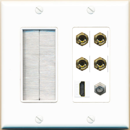RiteAV 4 Port Banana 2 Speaker Binding Post HDMI Coax Wall Plate - Brush [White]