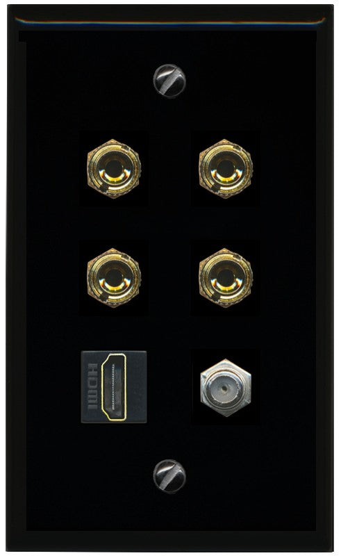 RiteAV 4 Port Banana 2 Speaker Binding Post HDMI Coax Wall Plate - Flat Style [Black/Black]