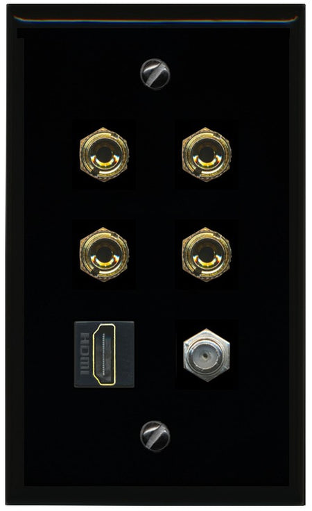 RiteAV 4 Port Banana 2 Speaker Binding Post HDMI Coax Wall Plate - Flat Style [Black/Black]