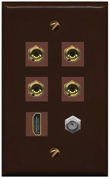 RiteAV 4 Port Banana 2 Speaker Binding Post HDMI Coax Wall Plate - Flat Style [Brown/Brown]