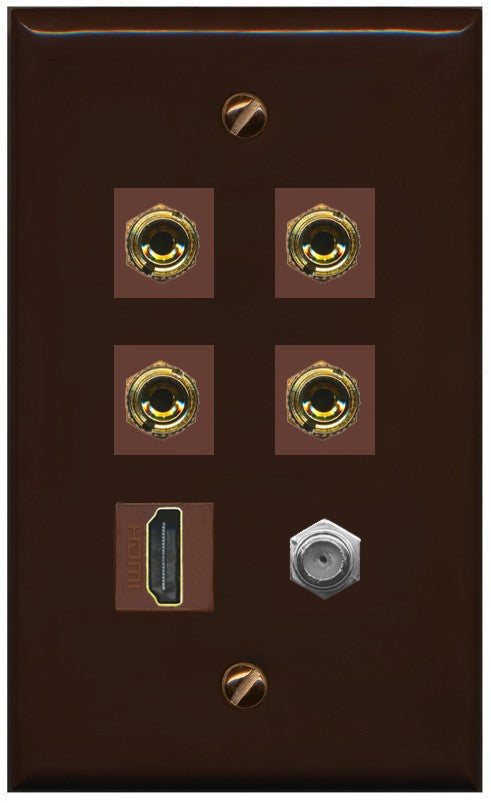 RiteAV 4 Port Banana 2 Speaker Binding Post HDMI Coax Wall Plate - Flat Style [Brown/Brown]