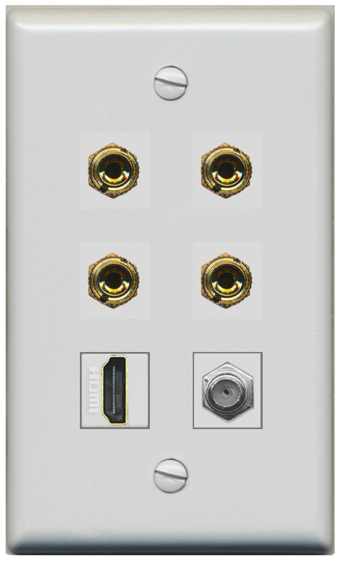 RiteAV 4 Port Banana 2 Speaker Binding Post HDMI Coax Wall Plate - Flat Style [Gray/Gray]