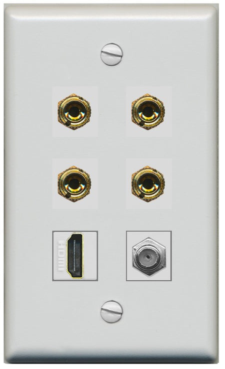 RiteAV 4 Port Banana 2 Speaker Binding Post HDMI Coax Wall Plate - Flat Style [Gray/Gray]