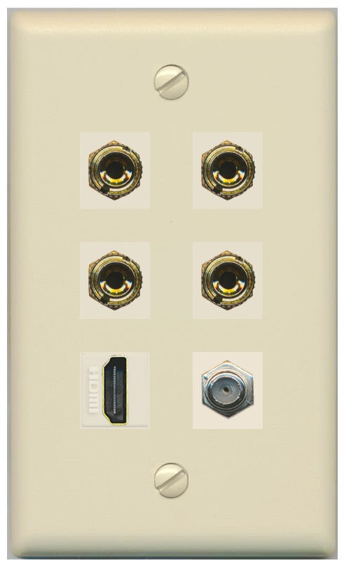 RiteAV 4 Port Banana 2 Speaker Binding Post HDMI Coax Wall Plate - Flat Style [Ivory/Ivory]