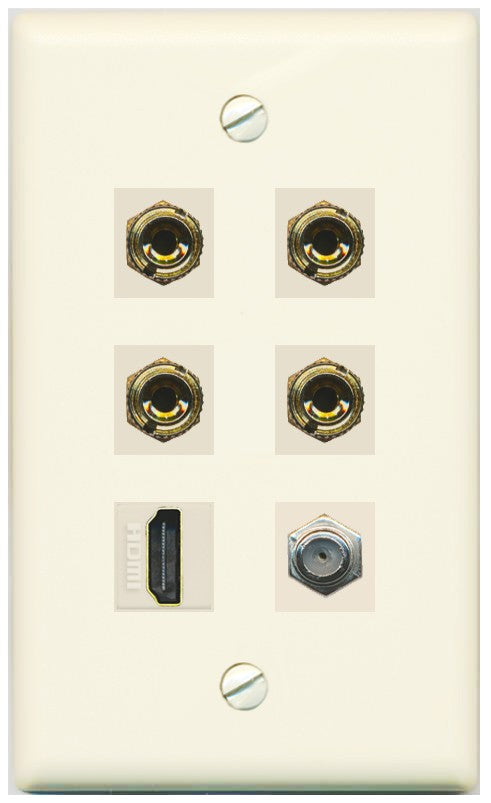 RiteAV 4 Port Banana 2 Speaker Binding Post HDMI Coax Wall Plate - Flat Style [Light-Almond]