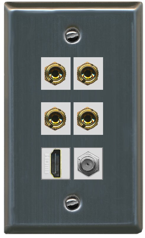RiteAV 4 Port Banana 2 Speaker Binding Post HDMI Coax Wall Plate - Flat Style [Stainless Steel]
