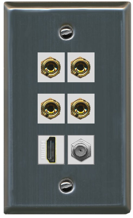 RiteAV 4 Port Banana 2 Speaker Binding Post HDMI Coax Wall Plate - Flat Style [Stainless Steel]