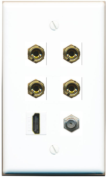 RiteAV 4 Port Banana 2 Speaker Binding Post HDMI Coax Wall Plate - Flat Style [White]