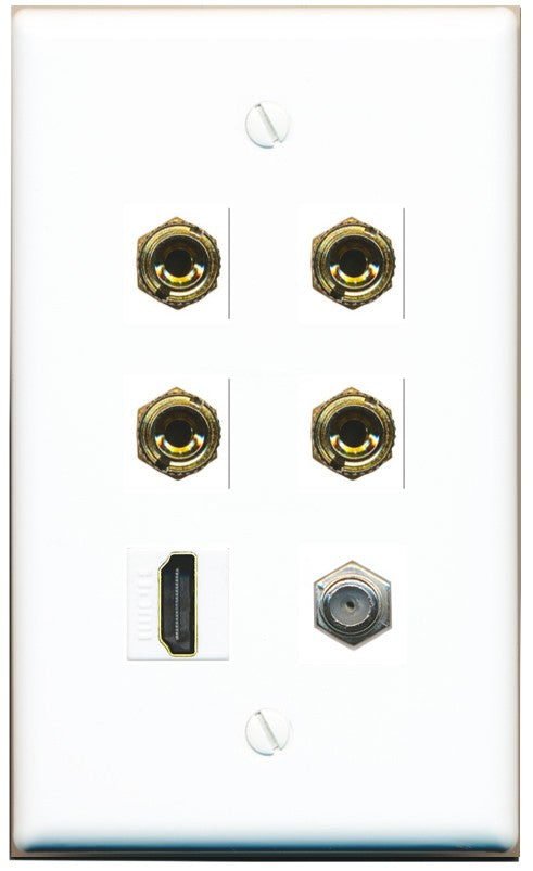 RiteAV 4 Port Banana 2 Speaker Binding Post HDMI Coax Wall Plate - Flat Style [White]