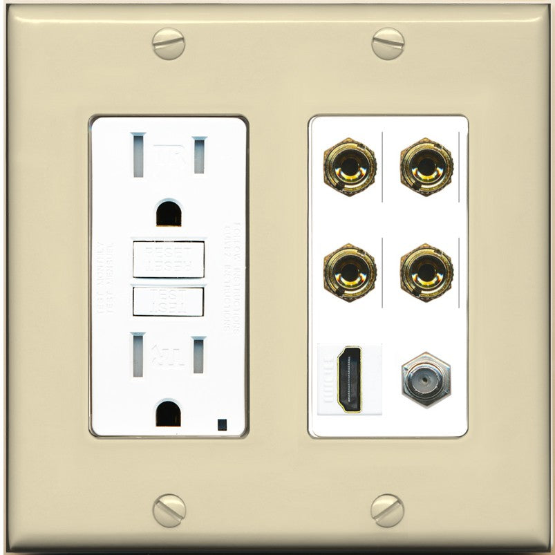RiteAV 4 Port Banana 2 Speaker Binding Post HDMI Coax Wall Plate - GFCI Outlet [Ivory/White]