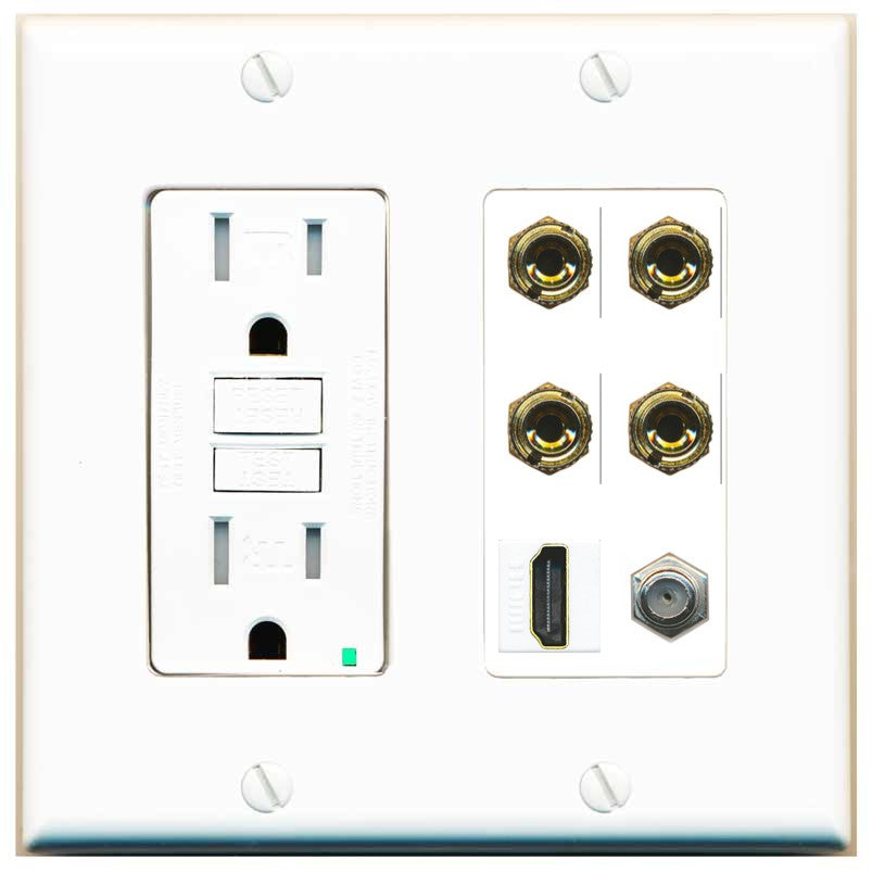 RiteAV 4 Port Banana 2 Speaker Binding Post HDMI Coax Wall Plate - GFCI Outlet [White]