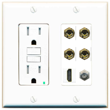 RiteAV 4 Port Banana 2 Speaker Binding Post HDMI Coax Wall Plate - GFCI Outlet [White]