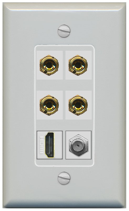 RiteAV 4 Port Banana 2 Speaker Binding Post HDMI Coax Wall Plate - 1 Gang Decorative [Gray/Gray]