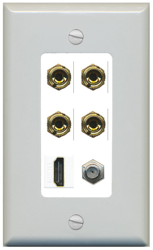 RiteAV 4 Port Banana 2 Speaker Binding Post HDMI Coax Wall Plate - 1 Gang Decorative [Gray/White]