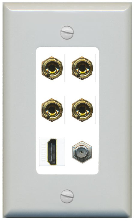 RiteAV 4 Port Banana 2 Speaker Binding Post HDMI Coax Wall Plate - 1 Gang Decorative [Gray/White]
