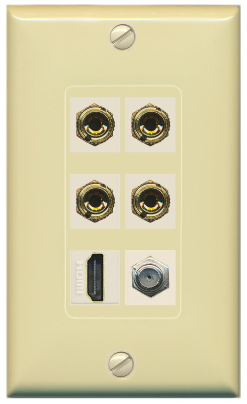 RiteAV 4 Port Banana 2 Speaker Binding Post HDMI Coax Wall Plate - 1 Gang Decorative [Ivory/Ivory]