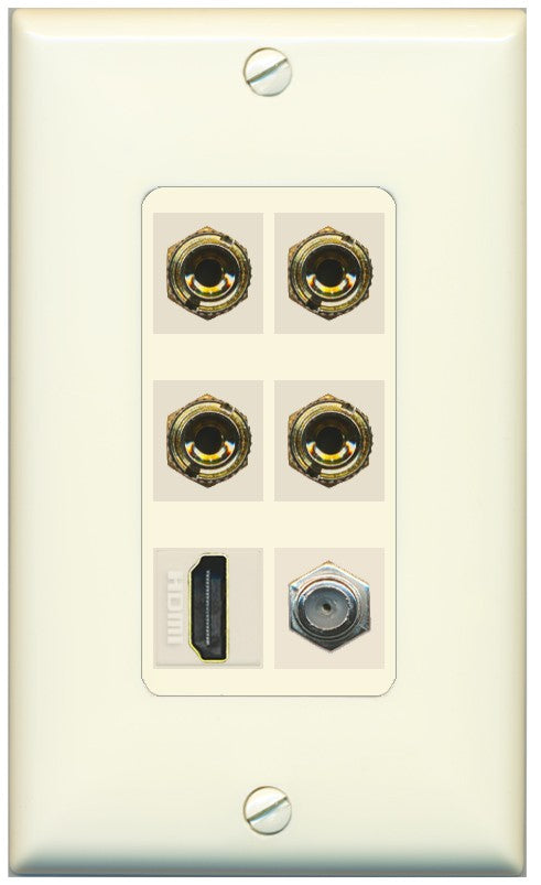 RiteAV 4 Port Banana 2 Speaker Binding Post HDMI Coax Wall Plate - 1 Gang Decorative [Light-Almond]