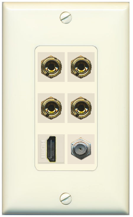 RiteAV 4 Port Banana 2 Speaker Binding Post HDMI Coax Wall Plate - 1 Gang Decorative [Light-Almond]
