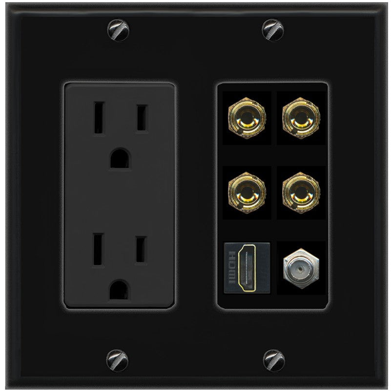 RiteAV 4 Port Banana 2 Speaker Binding Post HDMI Coax Wall Plate - Outlet [Black/Black]