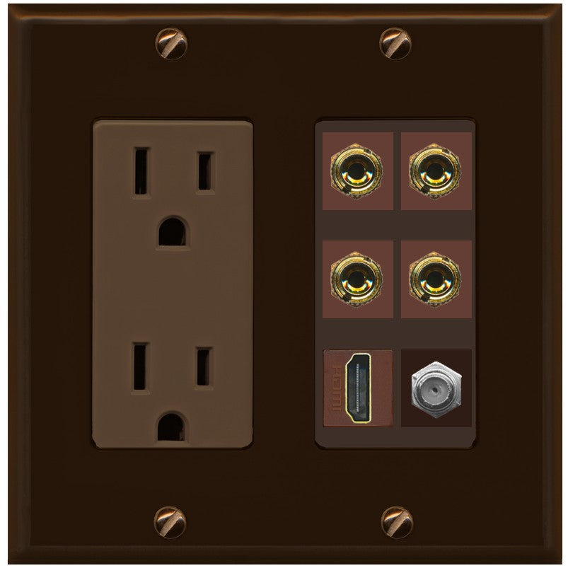 RiteAV 4 Port Banana 2 Speaker Binding Post HDMI Coax Wall Plate - Outlet [Brown/Brown]