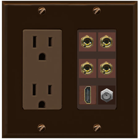 RiteAV 4 Port Banana 2 Speaker Binding Post HDMI Coax Wall Plate - Outlet [Brown/Brown]