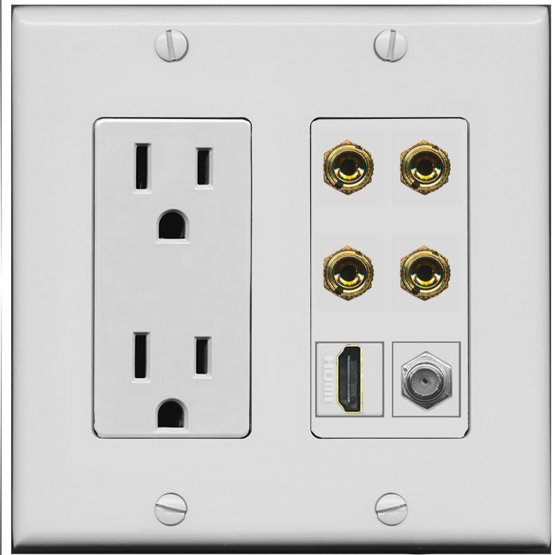 RiteAV 4 Port Banana 2 Speaker Binding Post HDMI Coax Wall Plate - Outlet [Gray/Gray]
