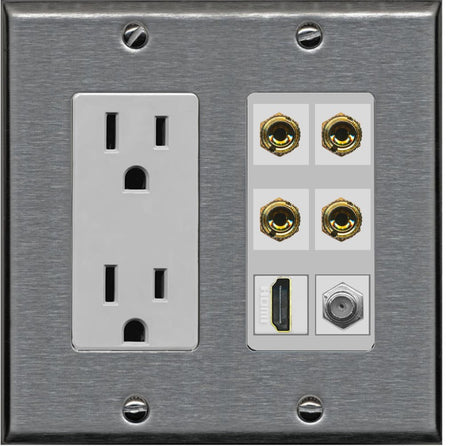 RiteAV 4 Port Banana 2 Speaker Binding Post HDMI Coax Wall Plate - Outlet [Stainless/Gray]