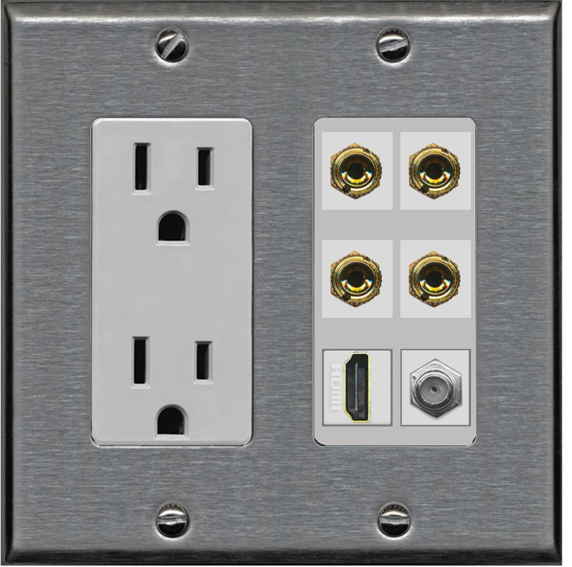 RiteAV 4 Port Banana 2 Speaker Binding Post HDMI Coax Wall Plate - Outlet [Stainless/Gray]