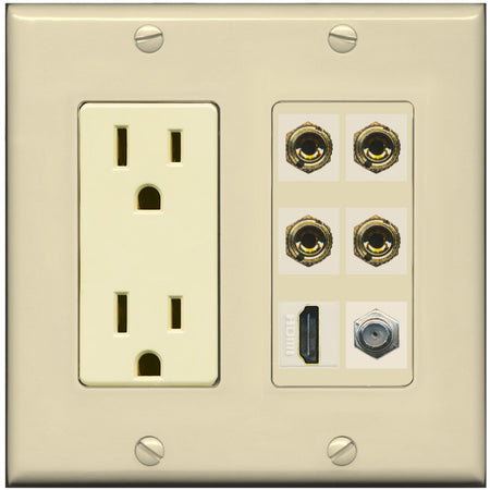 RiteAV 4 Port Banana 2 Speaker Binding Post HDMI Coax Wall Plate - Outlet [Ivory/Ivory]