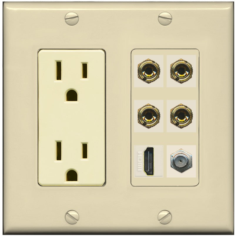 RiteAV 4 Port Banana 2 Speaker Binding Post HDMI Coax Wall Plate - Outlet [Ivory/Ivory]