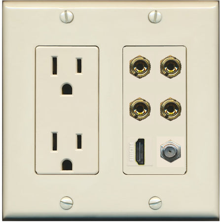 RiteAV 4 Port Banana 2 Speaker Binding Post HDMI Coax Wall Plate - Outlet [Light-Almond]