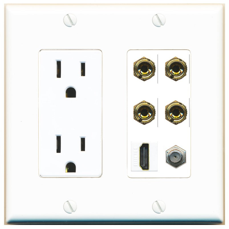 RiteAV 4 Port Banana 2 Speaker Binding Post HDMI Coax Wall Plate - Outlet [White]