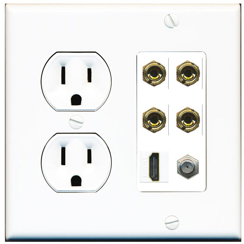 RiteAV 4 Port Banana 2 Speaker Binding Post HDMI Coax Wall Plate - Round Outlet [White]