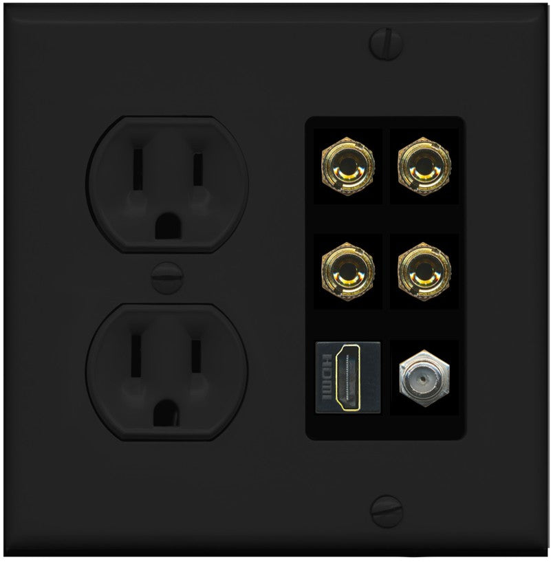 RiteAV 4 Port Banana 2 Speaker Binding Post HDMI Coax Wall Plate - Round Outlet [Black/Black]