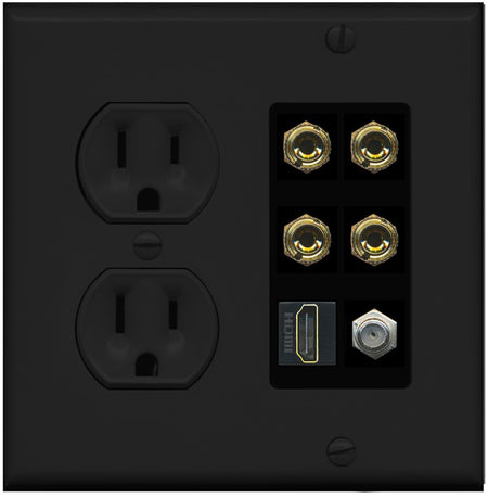 RiteAV 4 Port Banana 2 Speaker Binding Post HDMI Coax Wall Plate - Round Outlet [Black/Black]