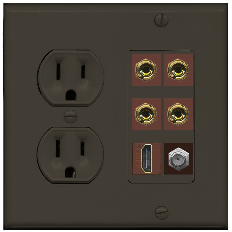 RiteAV 4 Port Banana 2 Speaker Binding Post HDMI Coax Wall Plate - Round Outlet [Brown/Brown]