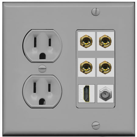 RiteAV 4 Port Banana 2 Speaker Binding Post HDMI Coax Wall Plate - Round Outlet [Gray/Gray]