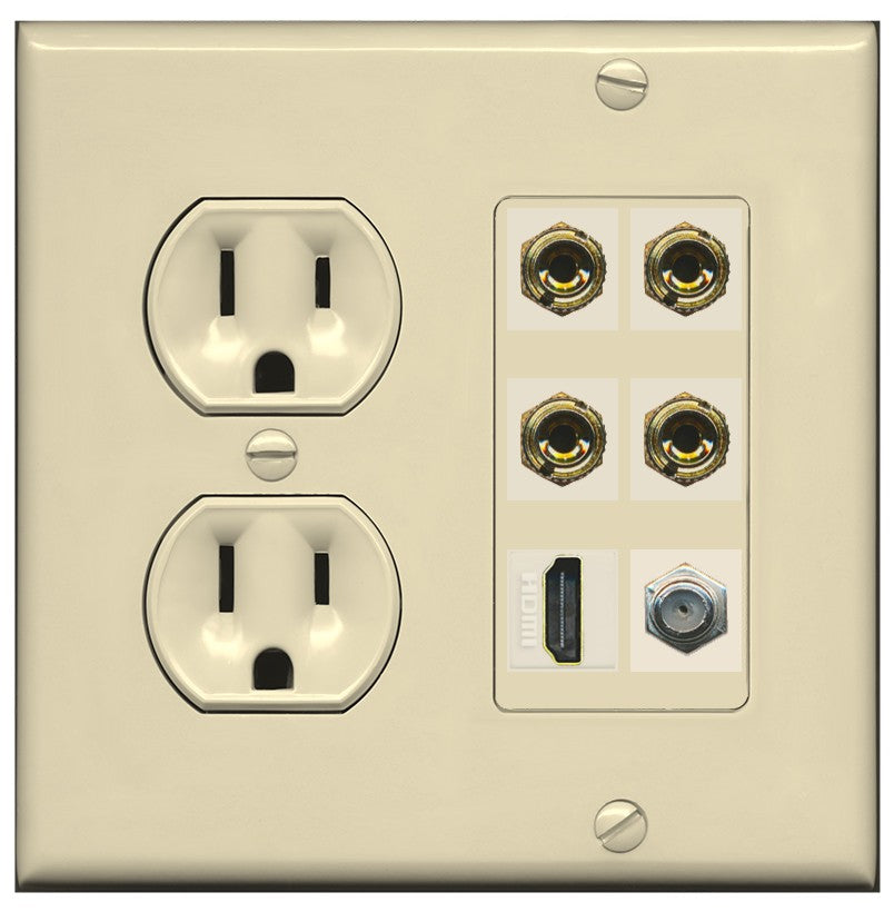 RiteAV 4 Port Banana 2 Speaker Binding Post HDMI Coax Wall Plate - Round Outlet [Ivory/Ivory]