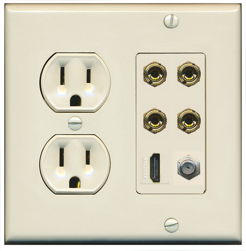 RiteAV 4 Port Banana 2 Speaker Binding Post HDMI Coax Wall Plate - Round Outlet [Light-Almond]