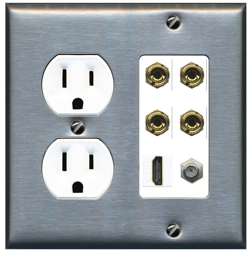 RiteAV 4 Port Banana 2 Speaker Binding Post HDMI Coax Wall Plate - Round Outlet [Stainless/White]