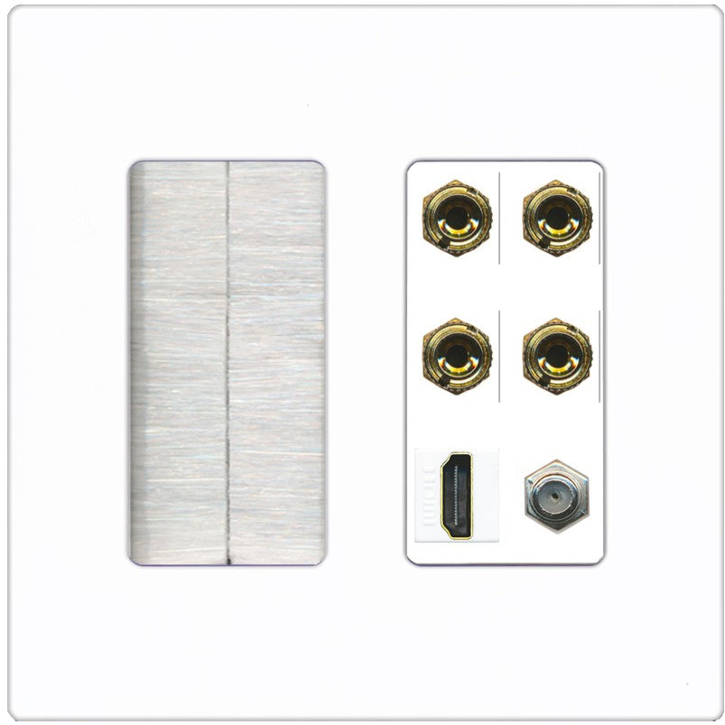 RiteAV 4 Port Banana 2 Speaker Binding Post HDMI Coax Wall Plate - Brush [Screwless White]