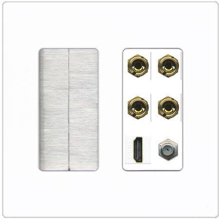 RiteAV 4 Port Banana 2 Speaker Binding Post HDMI Coax Wall Plate - Brush [Screwless White]