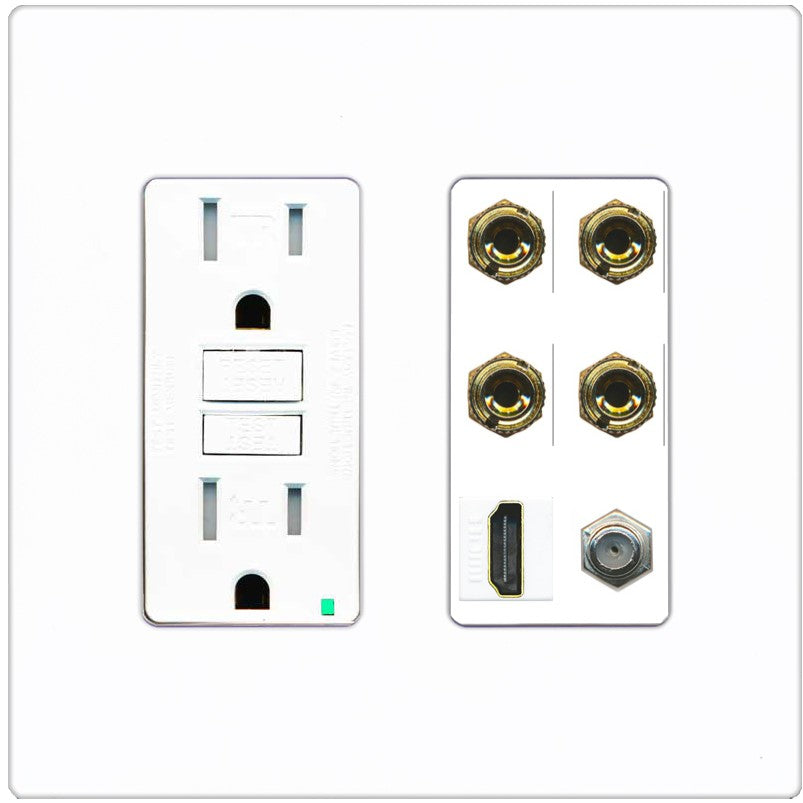RiteAV 4 Port Banana 2 Speaker Binding Post HDMI Coax Wall Plate - GFCI Outlet [Screwless White]