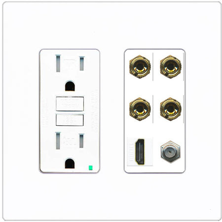 RiteAV 4 Port Banana 2 Speaker Binding Post HDMI Coax Wall Plate - GFCI Outlet [Screwless White]