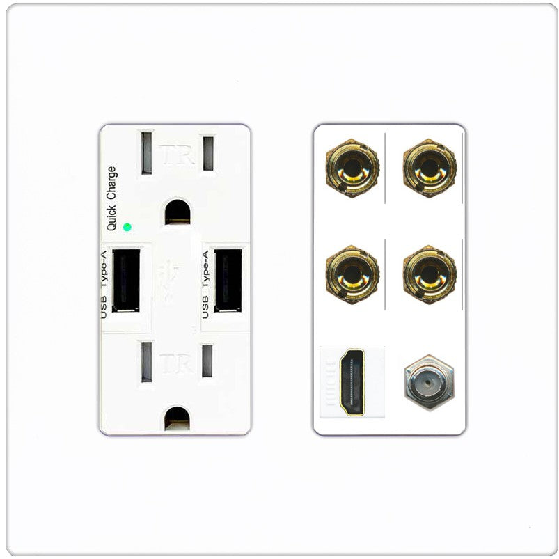 RiteAV 4 Port Banana 2 Speaker Binding Post HDMI Coax Wall Plate - USB Outlet [Screwless White]