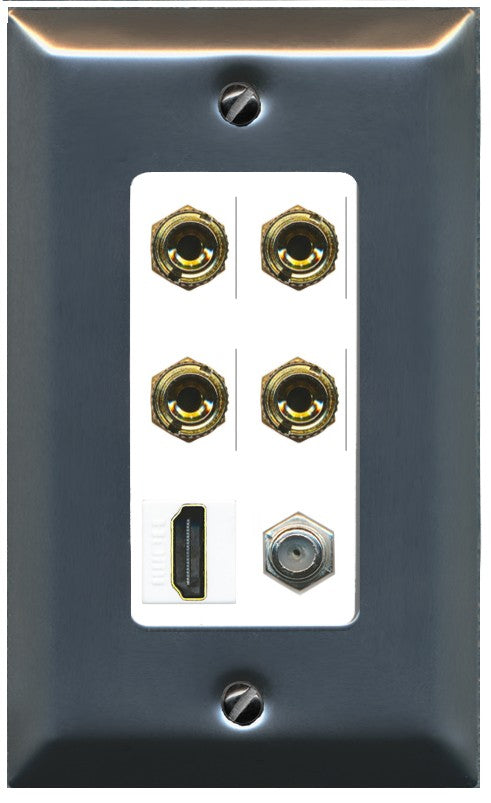 RiteAV 4 Port Banana 2 Speaker Binding Post HDMI Coax Wall Plate - 1 Gang Decorative [Stainless/White]