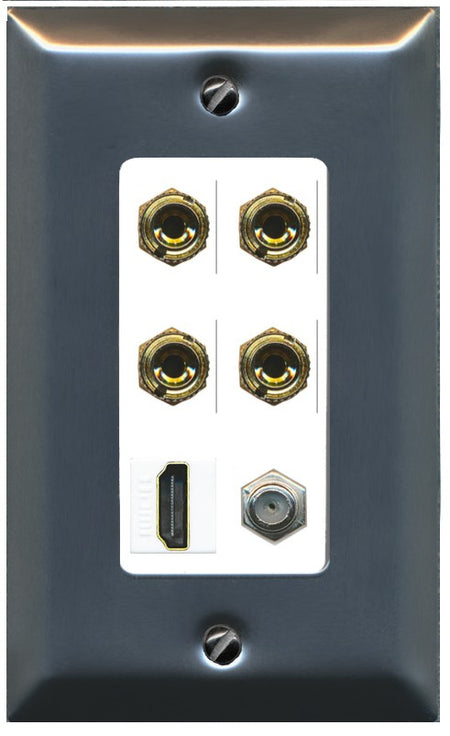 RiteAV 4 Port Banana 2 Speaker Binding Post HDMI Coax Wall Plate - 1 Gang Decorative [Stainless/White]