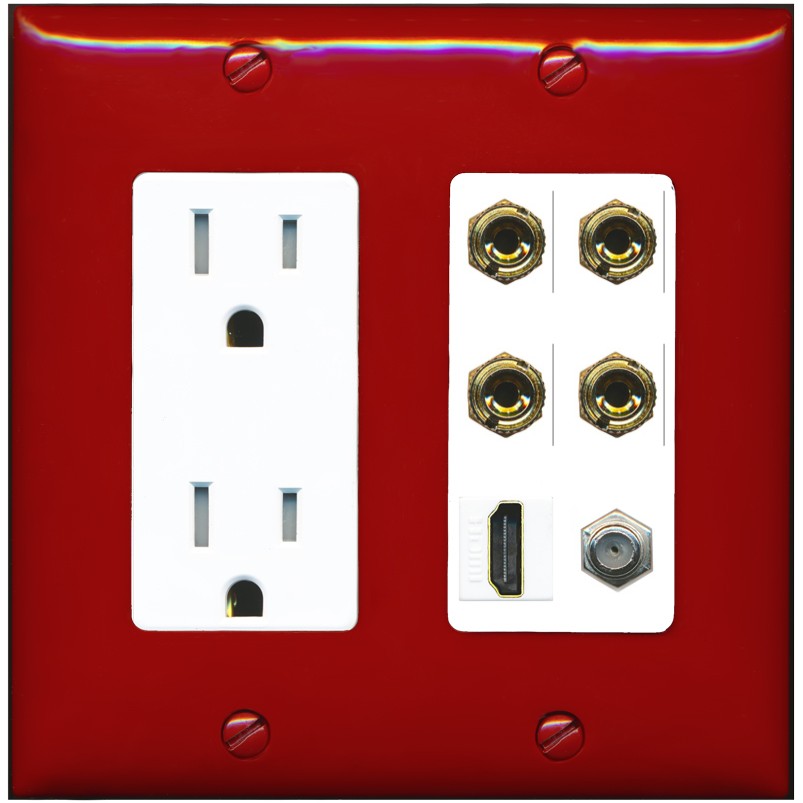 RiteAV 4 Port Banana 2 Speaker Binding Post HDMI Coax Wall Plate - Tamper-Resistant Outlet [Red/White]
