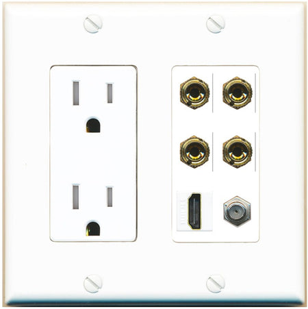 RiteAV 4 Port Banana 2 Speaker Binding Post HDMI Coax Wall Plate - Tamper-Resistant Outlet [White]