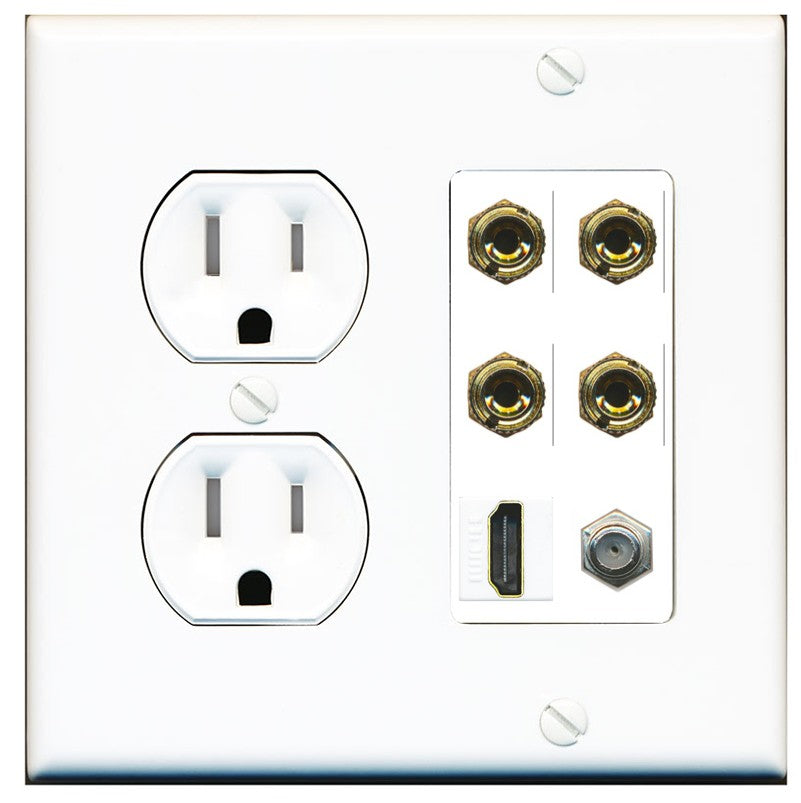 RiteAV 4 Port Banana 2 Speaker Binding Post HDMI Coax Wall Plate - Tamper Resistant Outlet [Round White]